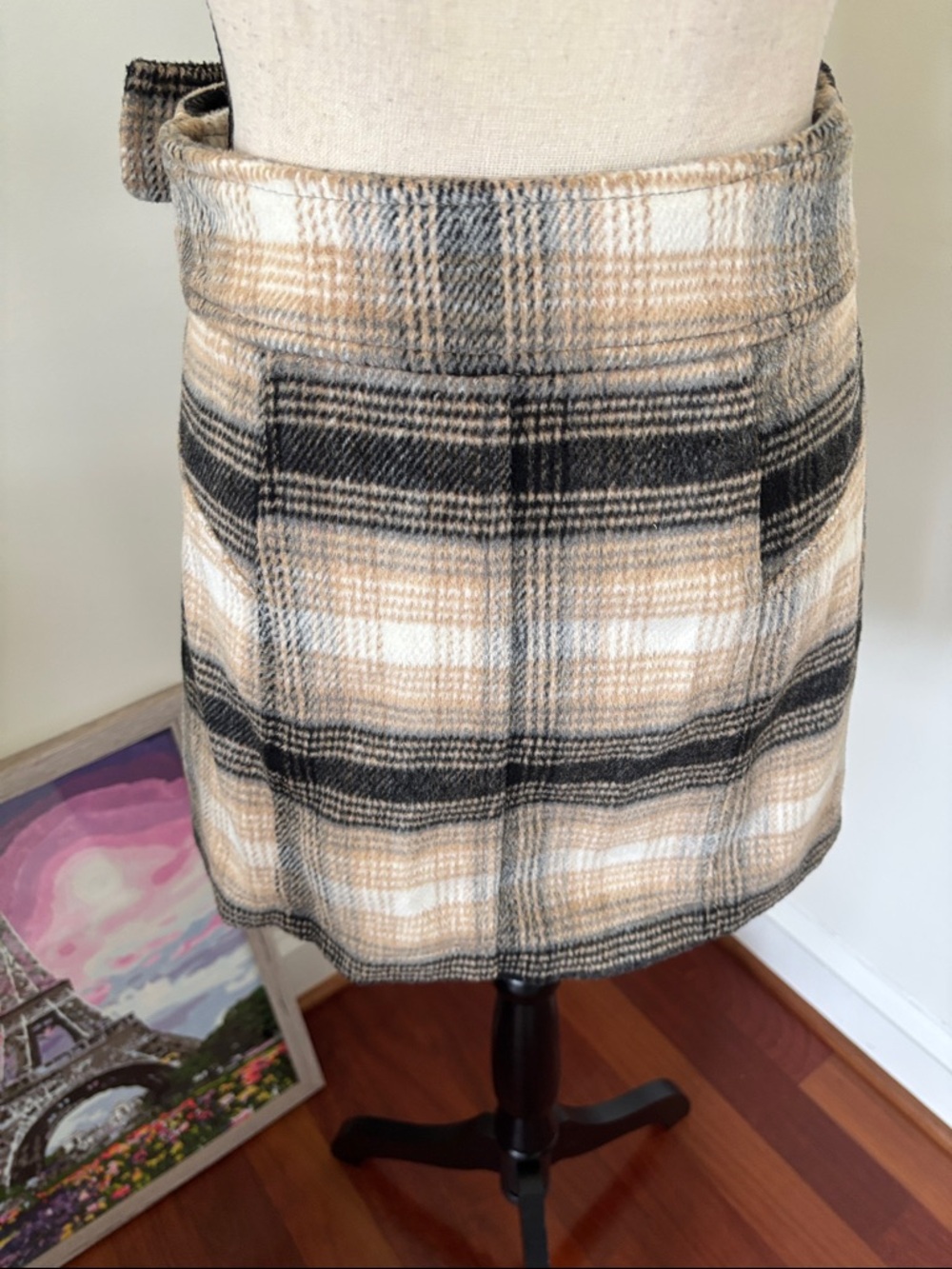 Free People Beige and Black Plaid Mini Skirt with Belt Size 4 - Picture 3 of 4